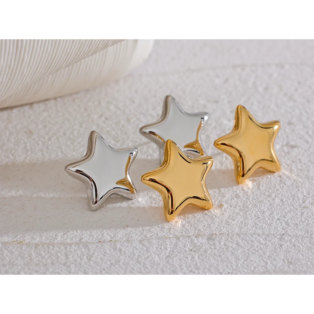 Yhpup Trendy Stainless Steel Star Small Stud Earrings Metal Texture Cute 18K Gold Plated Rust Proof Jewelry Accessories Gift