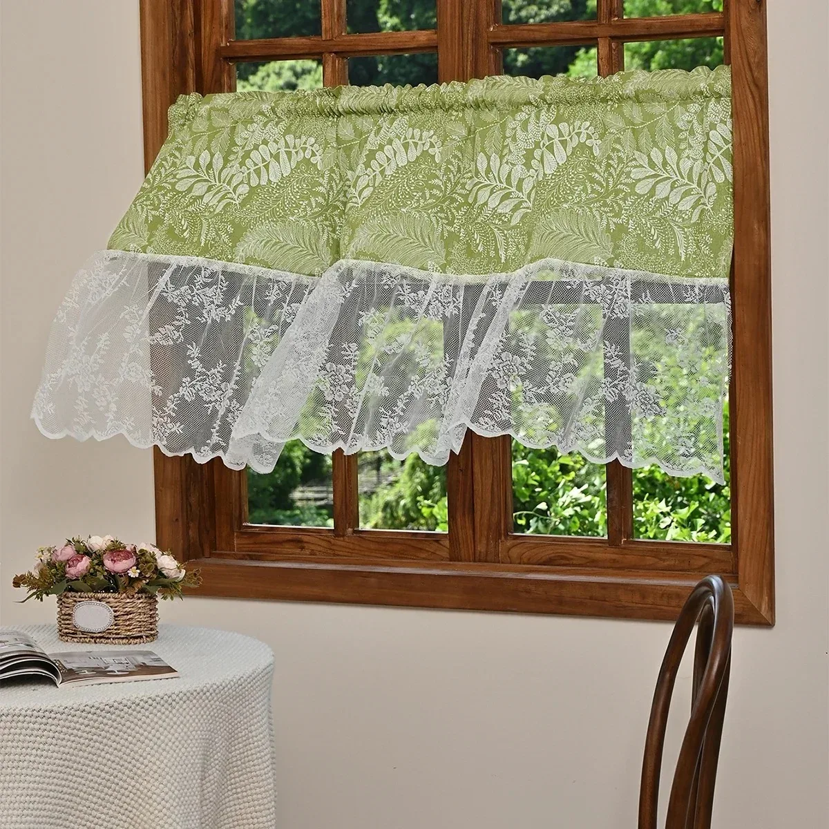 

1pc Green Leaves Short Curtain, Lace Splicing Small Curtains for Kitchen, Bathroom, Living Room, Bedroom, Home Decor