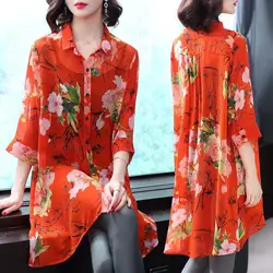 Blusas femininas de gola virada para baixo de manga comprida, botões florais, roupas estampadas, moda coreana, elegante, primavera, verão, novo, 2023