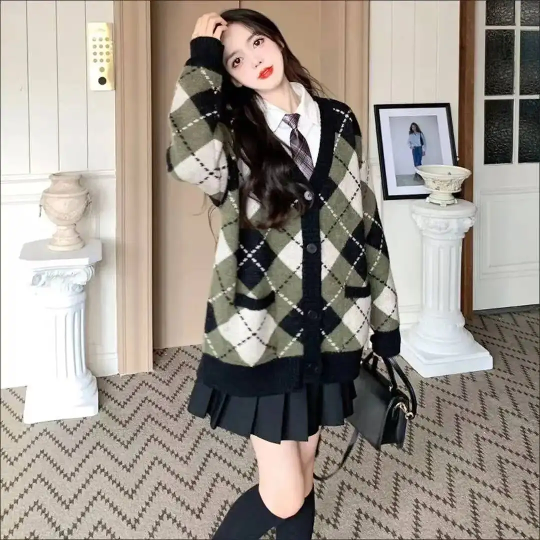 Kardigany damskie w stylu vintage na jesień i zimę, nowy sweter w kratę, dzianinowy, dla studentek, niszowy design.