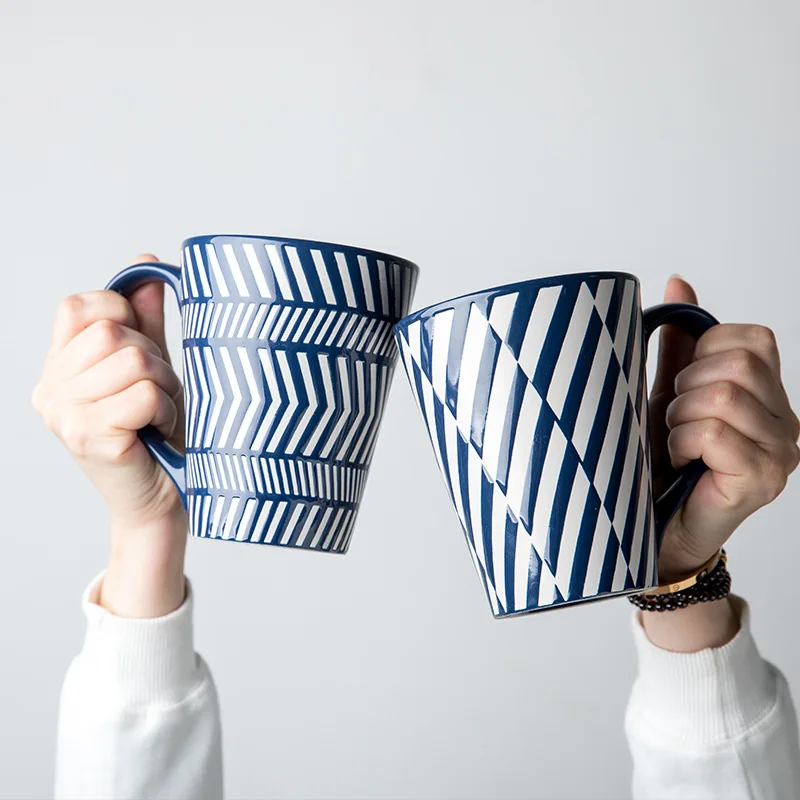 

Creative Relief Large Cup Household Ceramic Milk Coffee Cup Open Design Water Cup Couple Mug, Blue Stripes, Capacity 450ml