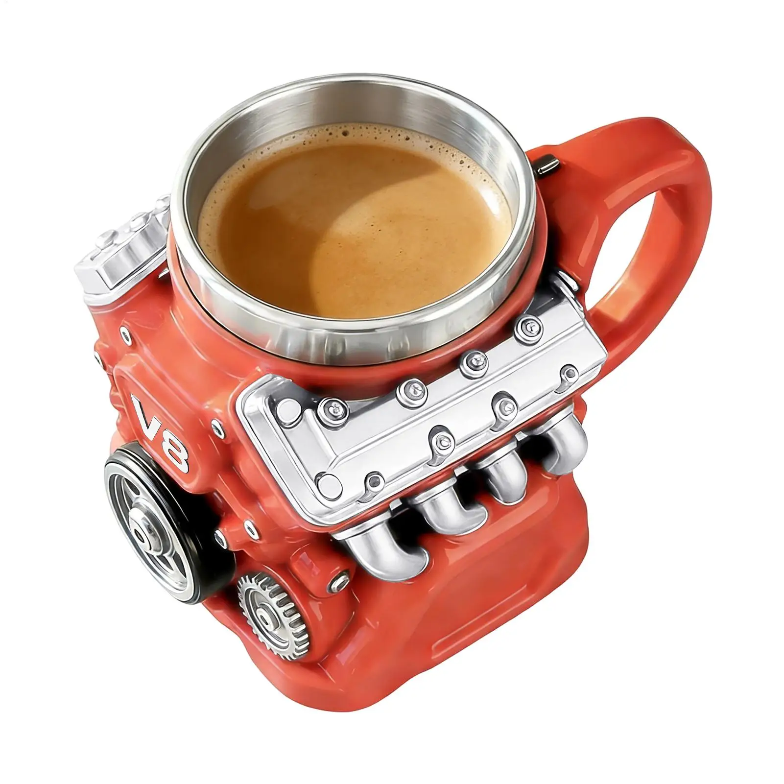 V8-Motoren Edelstahl-Kaffeebecher Lustiges V8-Automotor-Design Becher Kaffeetasse Cocktailbecher Teetasse für Auto-Enthusiasten
