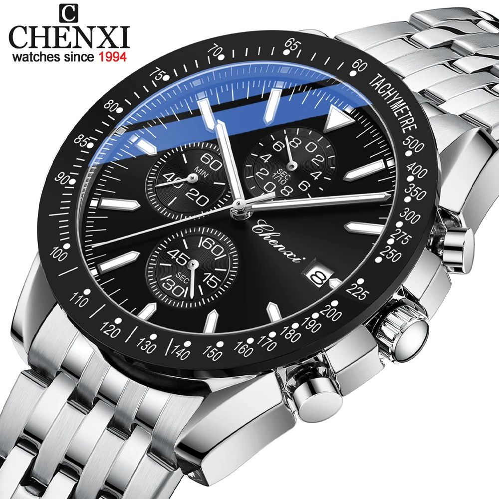 

CHENXI Роскошные спортивные часы для мужчин, хронограф с датой, водонепроницаемые светящиеся мужские наручные часы, кварцевые мужские часы из нержавеющей стали