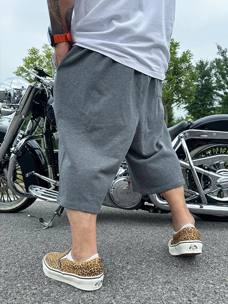 Loose Wide Leg Casual Cotton Shorts for Men Street Style Seven Inch Length Elastic Waist Big Size Fashionable Brand Dark Grey