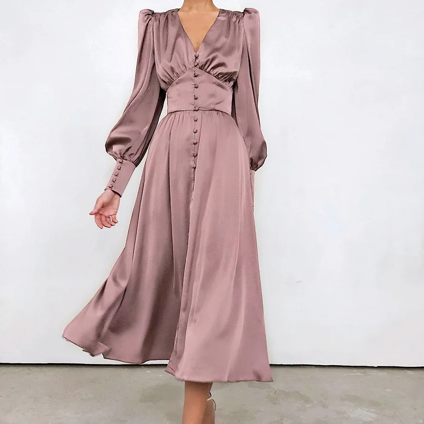 Satin Midi Dress For Women Summer V Neck High Waist Bodice Single Breasted Dress Solid Color Lantern Sleeve Party Evening Dress