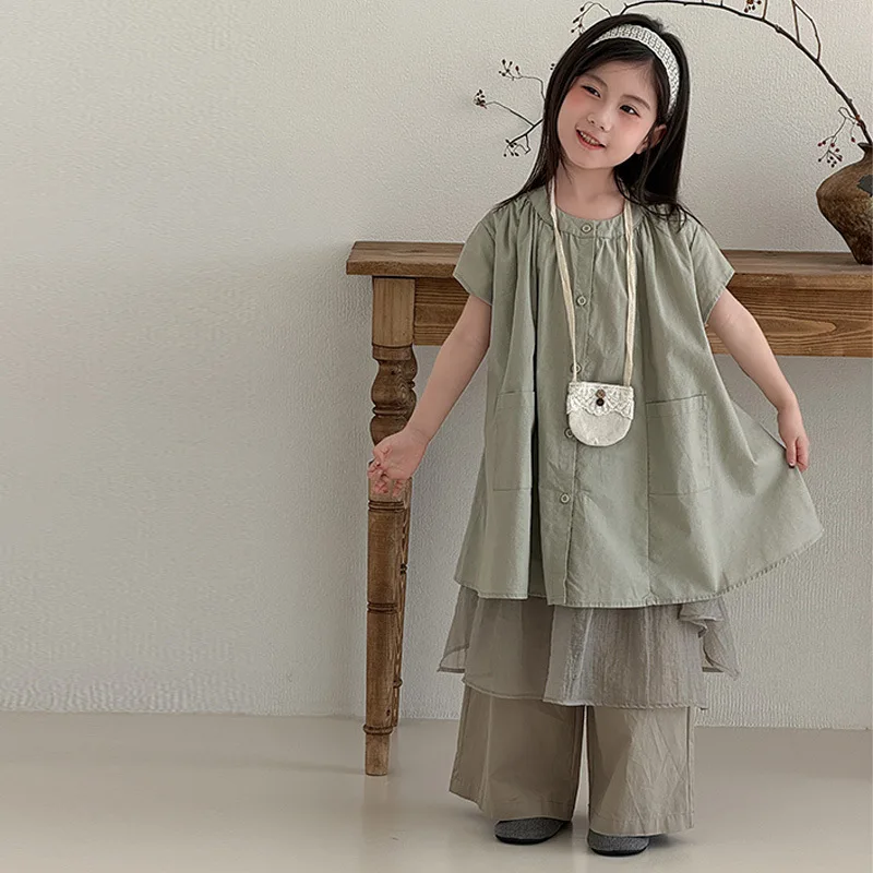 

Летний корейский комплект для девочек: модный и универсальный топ и повседневные сетчатые брюки-юбка с эффектом драпировки, состоящий из двух предметов