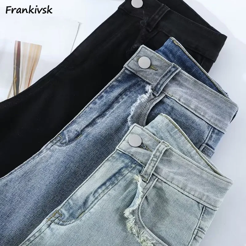 

Women Flare Jeans Retro All-match Comfortable Stretchy Raw Edge Spring European Style New Fashion High Waist Ladies Aesthetic