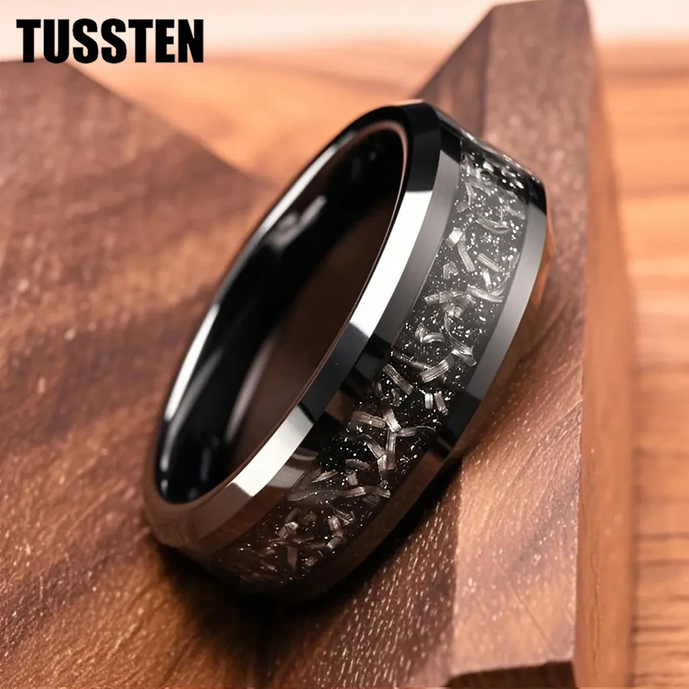 TUSSTEN 6/8MM Men's and Women's Wedding Tungsten Ring Bevel Edge Polished Center Inlaid Meteorite Fragments