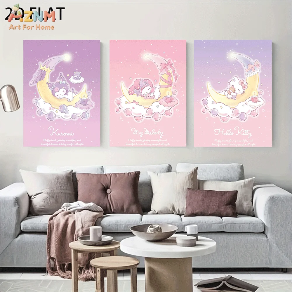 AZNM Sanrio Kuromi My Melody Hello Kitty Frameless Canvas Wall Art, Dreamy Moon Star Cartoon Poster, Pink Purple Gradient Home D