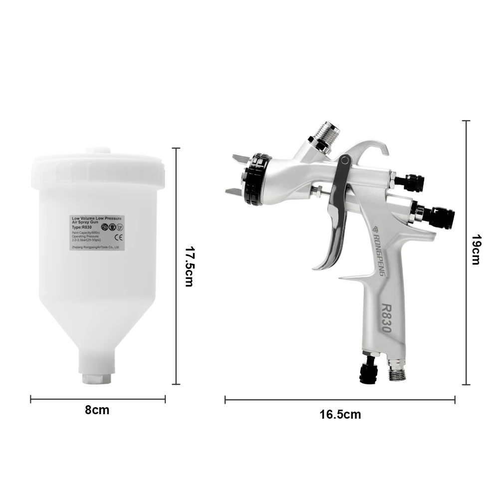 RONGPENG Professional LVLP Spray Gun R830 Finish Painting 1.7mm Spray Gun 600cc Cup Gravity Airbrush Spray Paint Kit for Cars