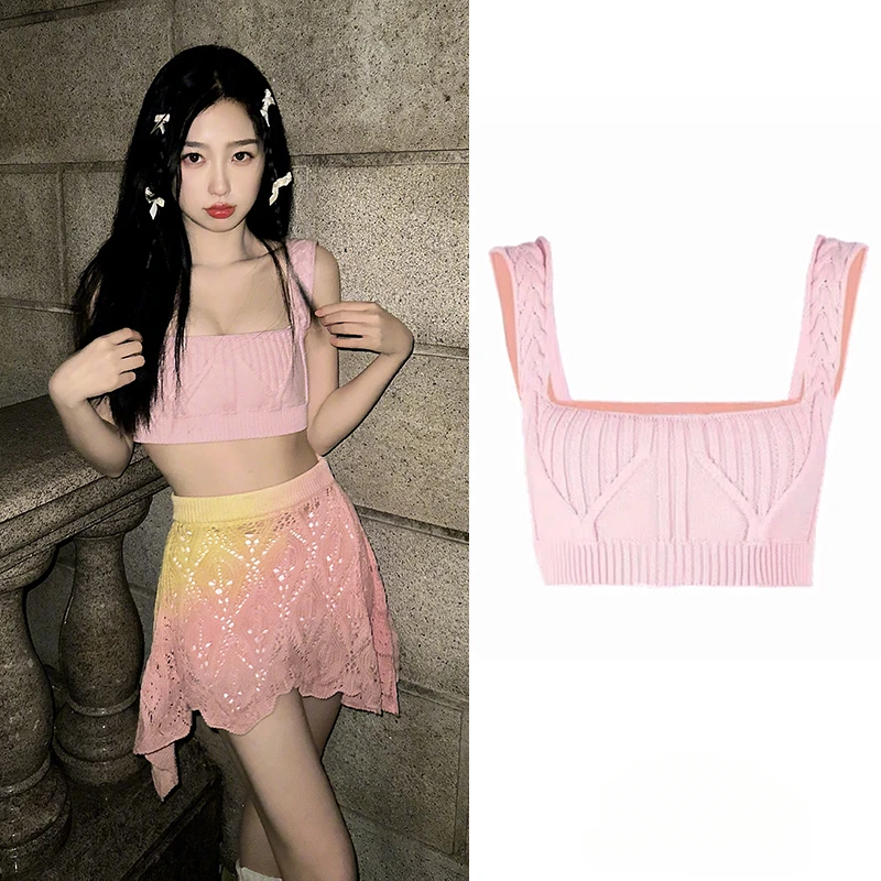 Kpop Korean Singer Jazz Dance Costume Women Performance Outfit Hot Girl Sexy Sling Knitted Vest Crop Tops Y2K Concert Stage Wear