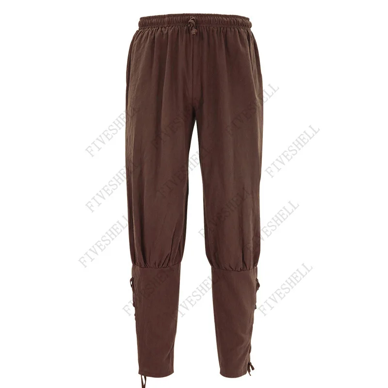 Medievale rinascimentale Larp Viking Pirate cavaliere Costume pantaloni di lino Vintage da uomo fasciatura alla caviglia Lounge pantaloni larghi contadino