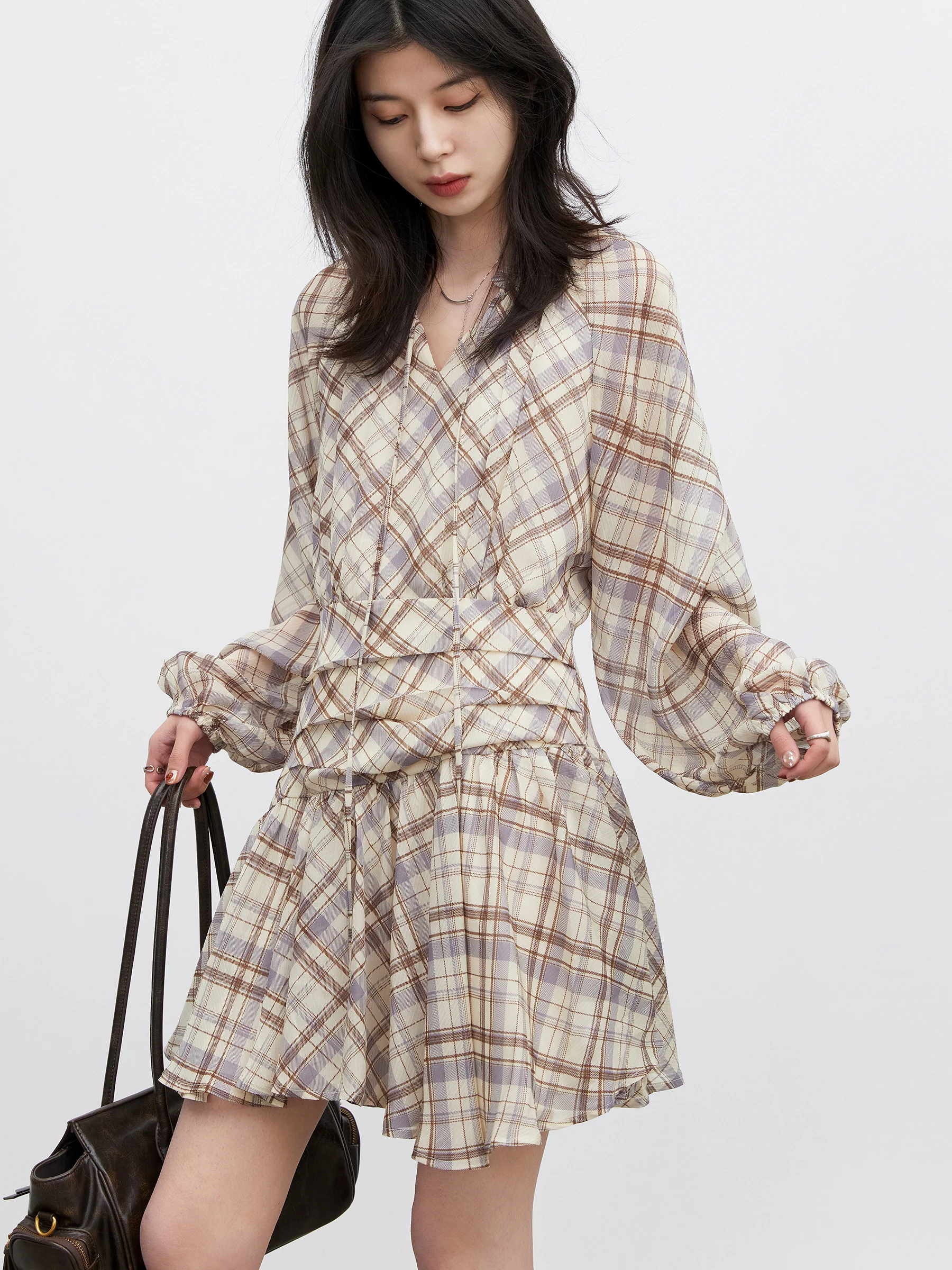

Elegant Plaid Long Sleeve Dress Spring New Style Chicven Women's Fashion A-Line Skirt V-Neckline Polyester Fiber Casual Wear