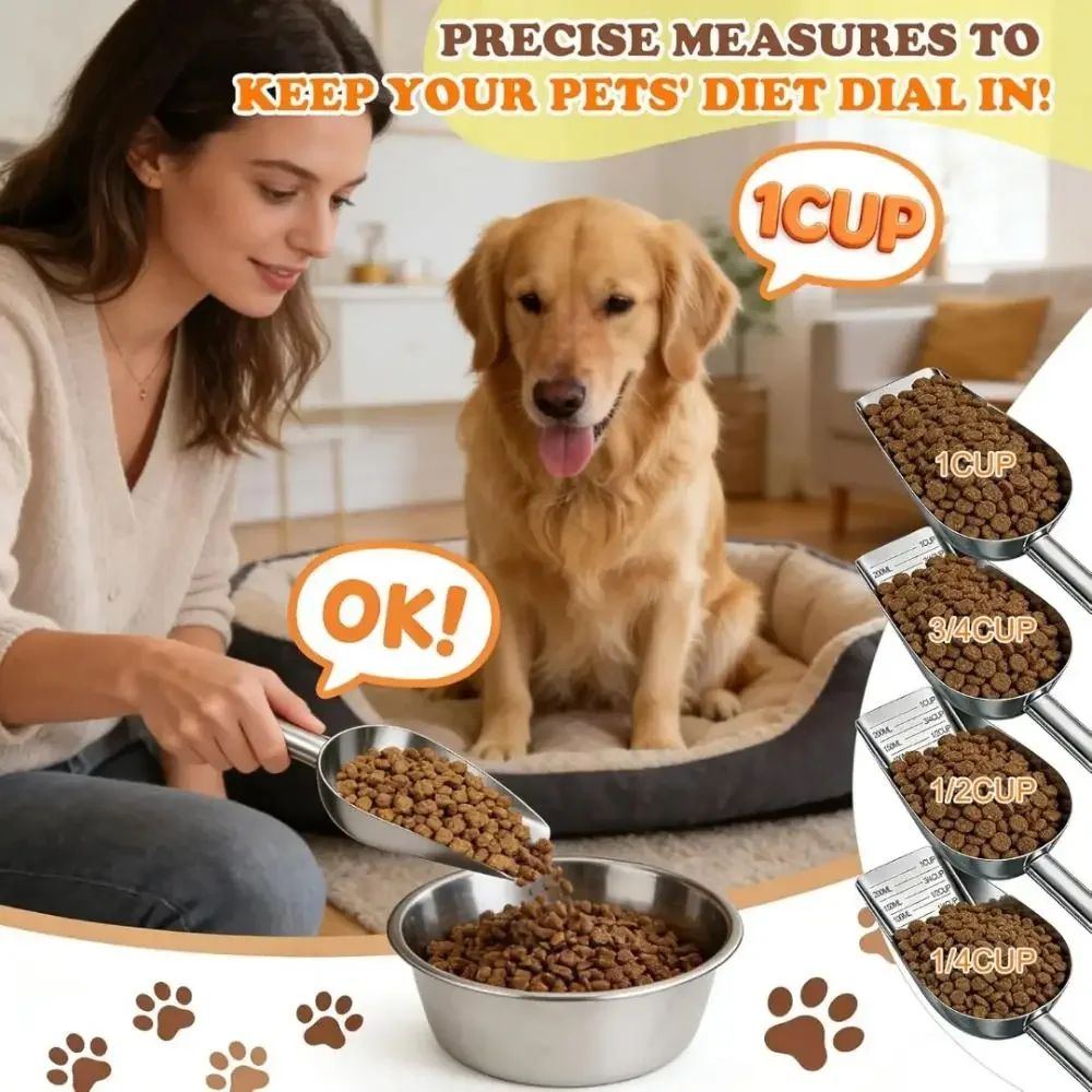 Stainless Steel Pet Food Scoop Long Handle with Scale Food Measuring Cup Ergonomic Handle Rustproof Dog Feeding Spoon Buffet