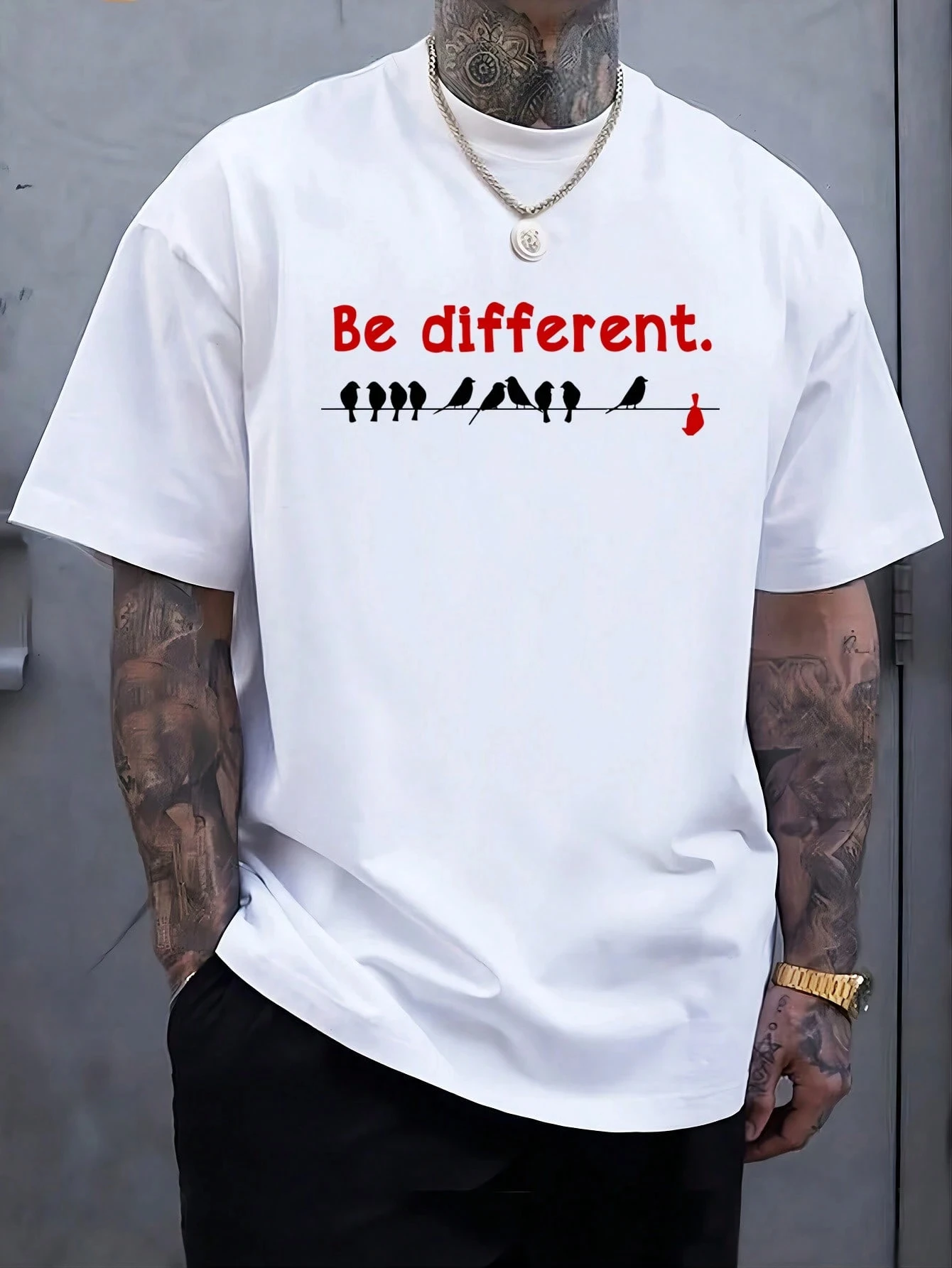 

2025 New Be Different Streetwear T-shirt Set Short Sleeve Tops with Bird Print and Attitude Design Casual Spring Summer Outfit