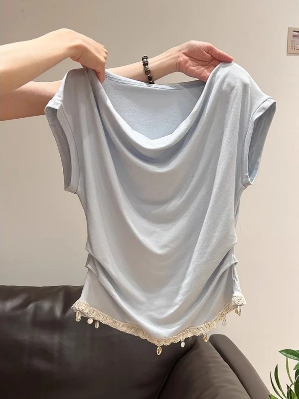 

Outlet Pure Desire Short Sleeve T-Shirt Women Summer New Lace Trim Small Top Open Collar Slim Fit Korean Style Commute Wind