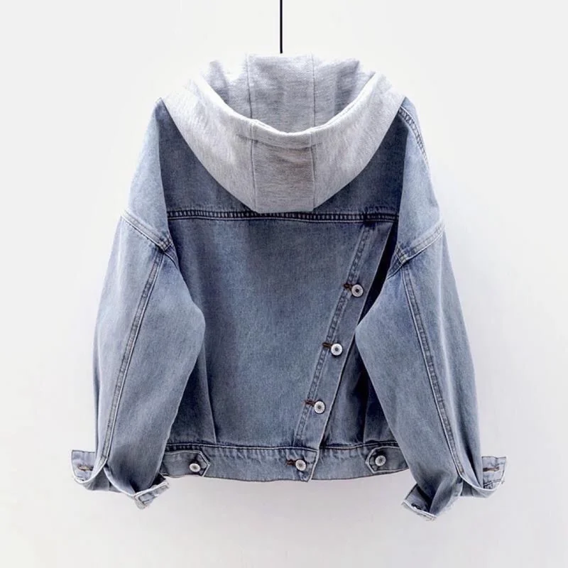 Korean Version Denim Jacket for Women, Loose Fit BF Long Sleeved Hooded Jacket, Versatile Pockets, Irregular Design Top