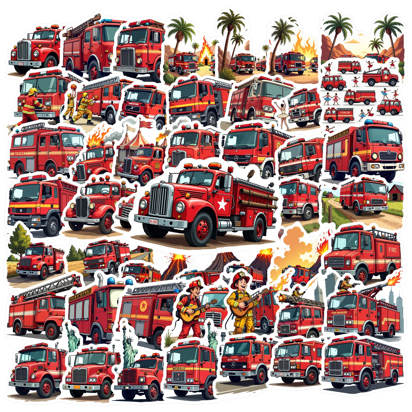 50pcs Fire Truck Stickers Kids Cartoon Vehicle Animal Holiday Stickers Car Bicycle Laptop Skateboard School Supplies For Kids