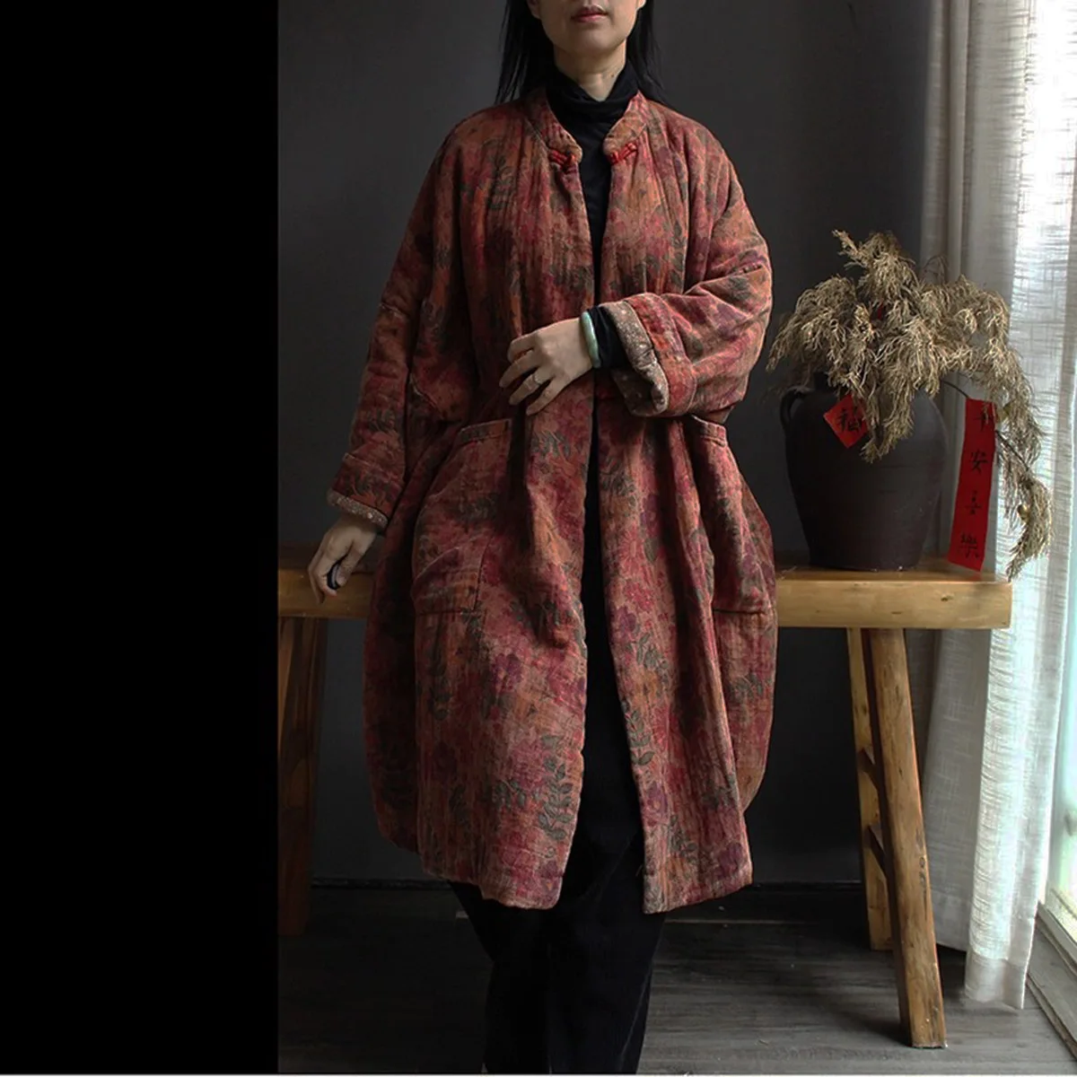 Originele katoenen bedrukte zachte gewatteerde jas dames herfst winter retro casual zachte warme losse kimono lange uitloper jassen met zak