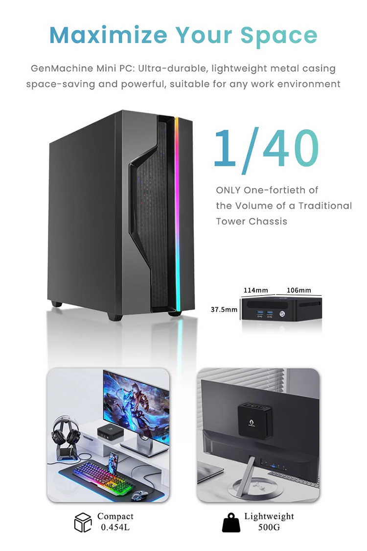 GenMachine AMD Ryzen 7 7840U Mini PC 5.1GHz 28W 8 Core 16 Thread Windows 11 DDR5 24G 6400Mhz 2.5G LAN USB4 WIFI6 Mini Pc Gaming