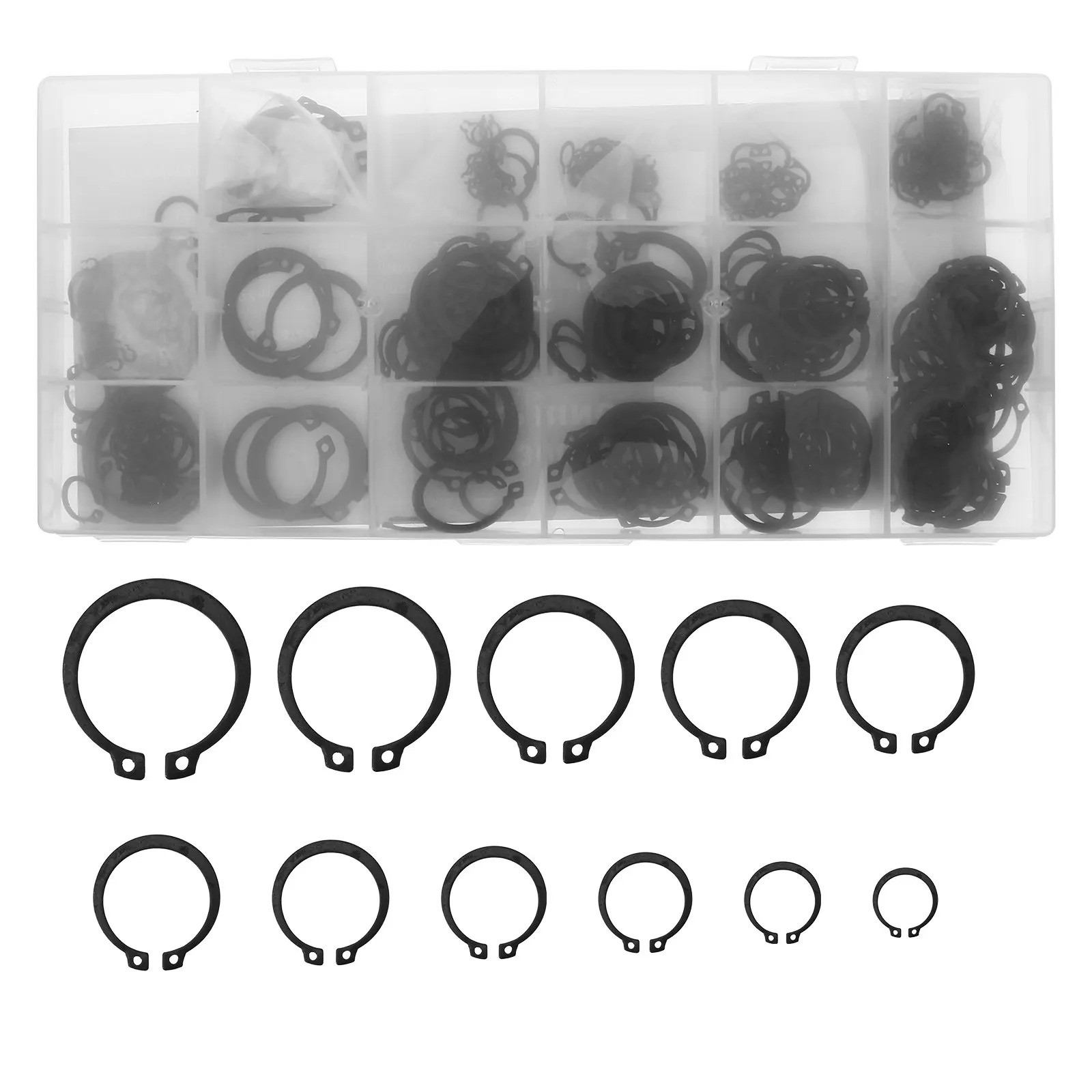 

Стопорное кольцо из углеродистой стали, 18 размеров, черное оксидированное покрытие, высокая прочность, для фиксации валов, внешнее C-образное кольцо-фиксатор