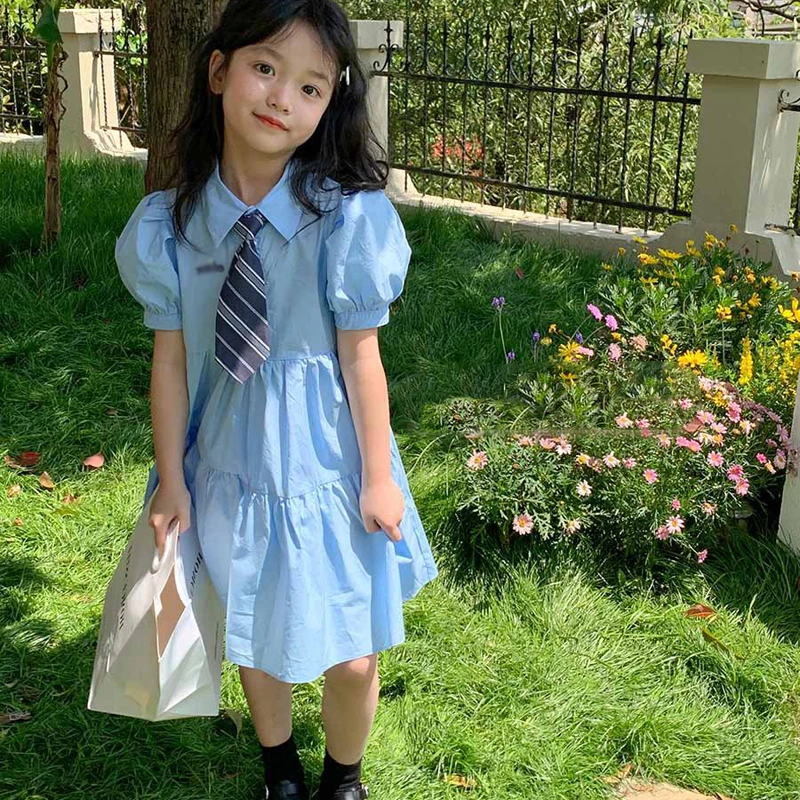 Summer Girls' Dress Academy Style Bubble Short Sleeve Shirt Dress +Tie Fashionable Long Dress Middle School Children Clothing