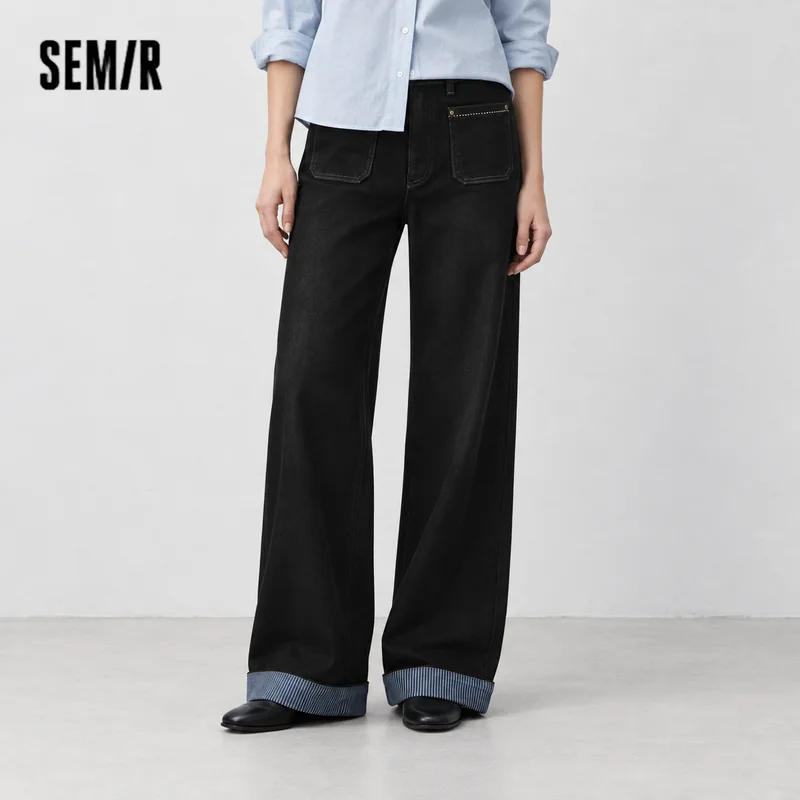 Semir Women Jeans Fleece Lined Panelled Design Stripe Pattern Loose Fit Wide Leg Cuffed Hem Full Length Solid Color 2026 Winter