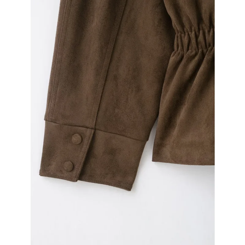 Damen Herbst Winter Hochkragen Wildlederjacke Einfarbig Einreihig Langarm Gürtel Tailliert Lockerer Mantel Lässige Mode Streetwear – Detail 18
