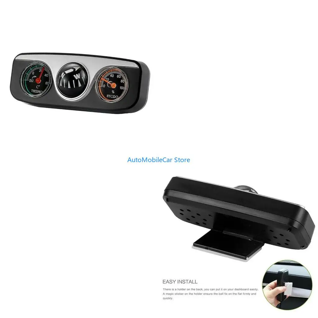 

G8TE 3in1 ABS Adhesive Auto Car Triple Gauge Set Hygrometer Thermometer Convenient Navigation Ball