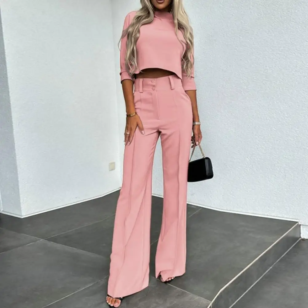 Women Formal Occasion Outfit Stylish Women\'s 2-piece Suit Solid Color Wide Leg Pants Crop Top Set for Chic Commute Women