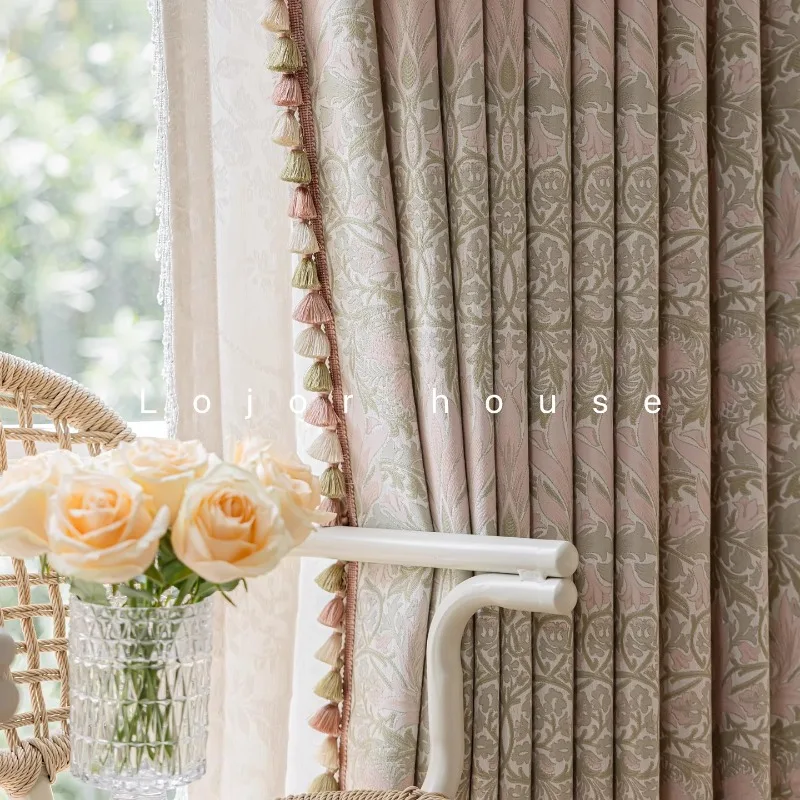 Custom Size Green Pink Jacquard Luxury Blackout Curtains for Living Room Bedroom Dining Romantic Grace Modern Decor White Tulle