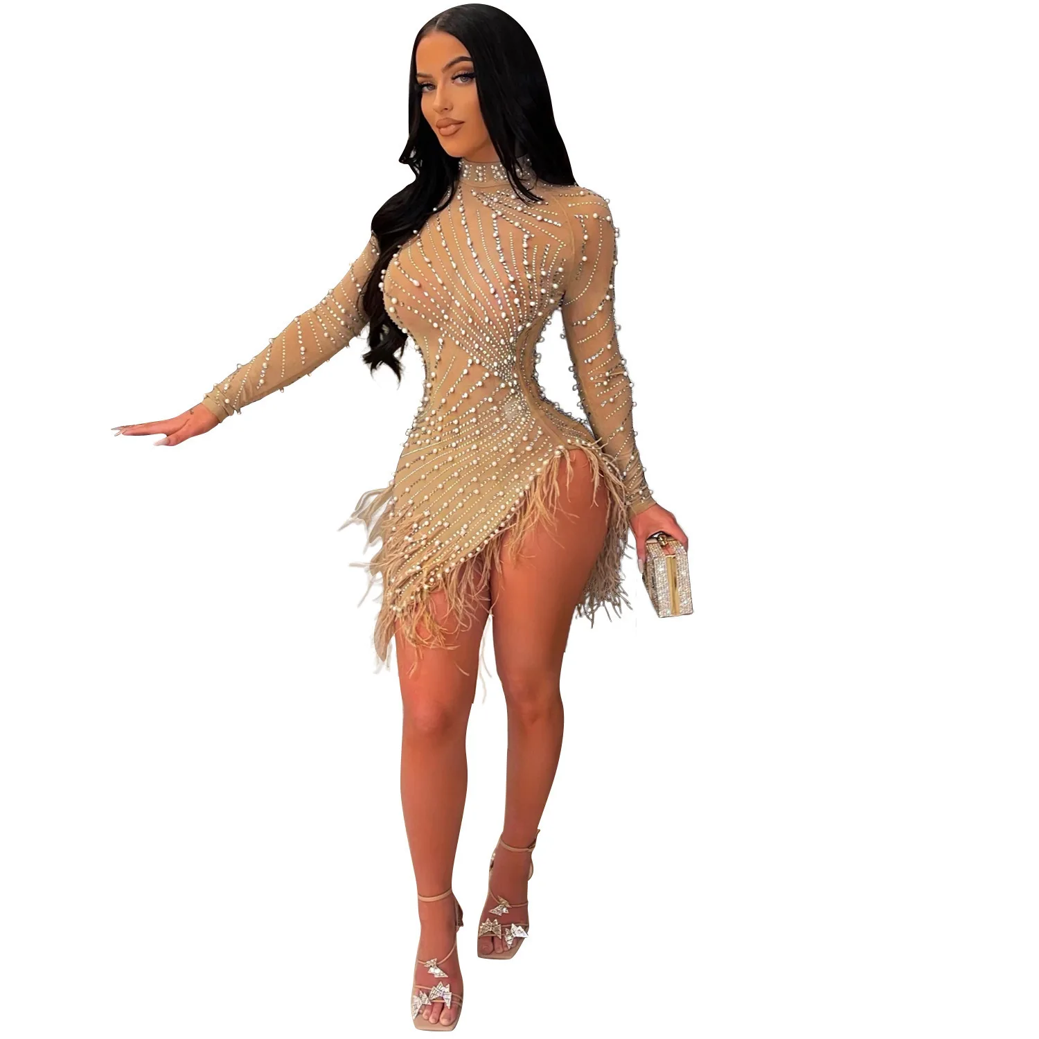 

Luxury Tight Short Dress Long Sleeve Evening Party Prom Gown Birthdy Nightclub Performance Costume Stage Outfit OWEF