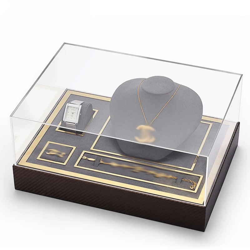 Jewelry Display Tray Acrylic Cover Dustproof Window Counter Ornament Necklace Ring Watch Set Tray