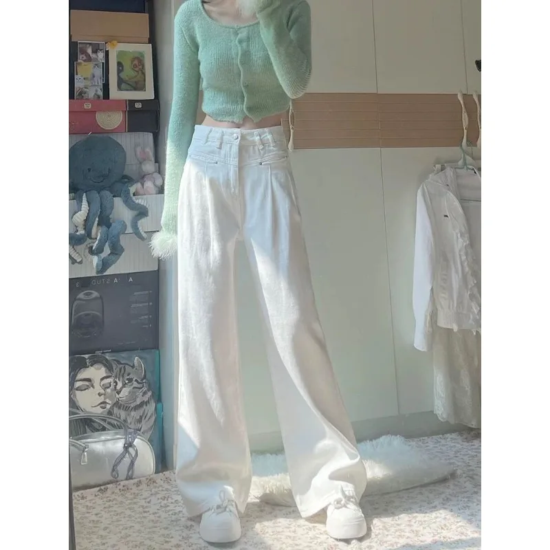 

Women White Pleated High Waist Wide Leg Jeans Loose Slim Straight Casual Trousers Spring Style