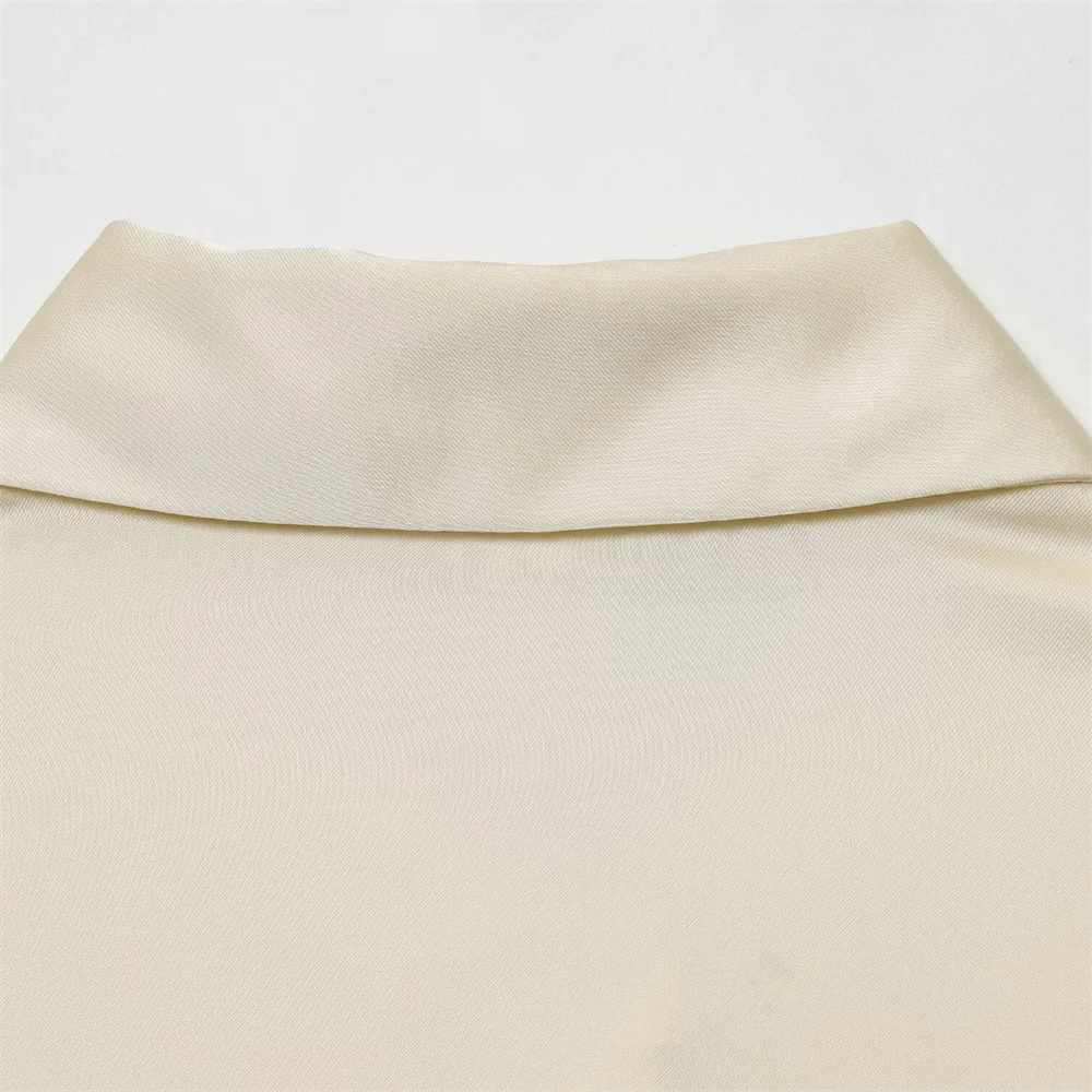 Autumn and winter new women's clothing style elegant long sleeved lapel silk texture double breasted solid color shirt