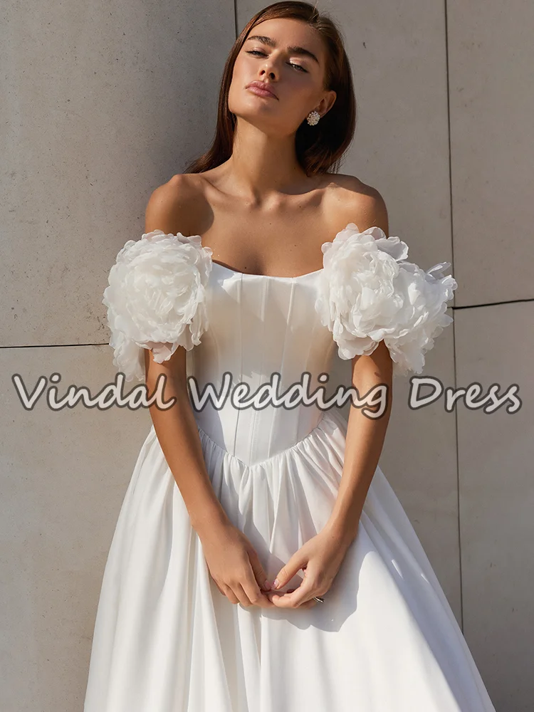 Elegancka suknia ślubna w kształcie litery A z odkrytymi ramionami, marszczona satyna, księżniczka, długa suknia ślubna cywilna, rozmiary plus size, możliwość personalizacji.