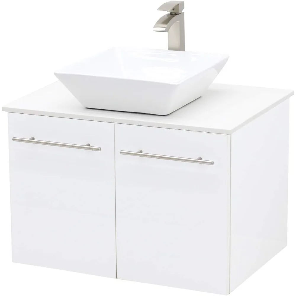 Wall Mount Floating Bathroom Vanity Sink Set, White Embossed Texture Vanity, White Flat Stone Countertop Ceramic Sink Set