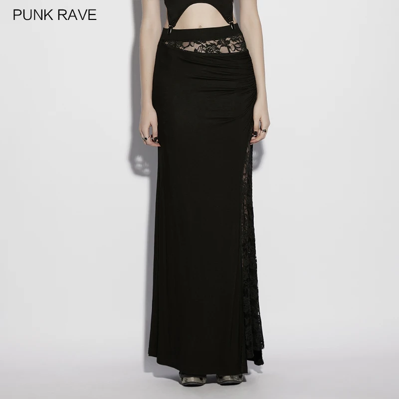 

PUNK RAVE Women's Gothic Asymmetrical Pleated Rose Lace & Knitted Skirt Pleat Design Light Beautiful Feeling Dark Long Skirts