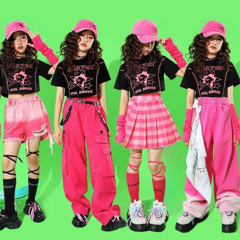 

Girls Hip Hop Outfit Crop Tops Cargo Pants Child Solid Shorts Streetwear Clothes Set Kids Plaid Skirt Street Dance Jazz Costumes