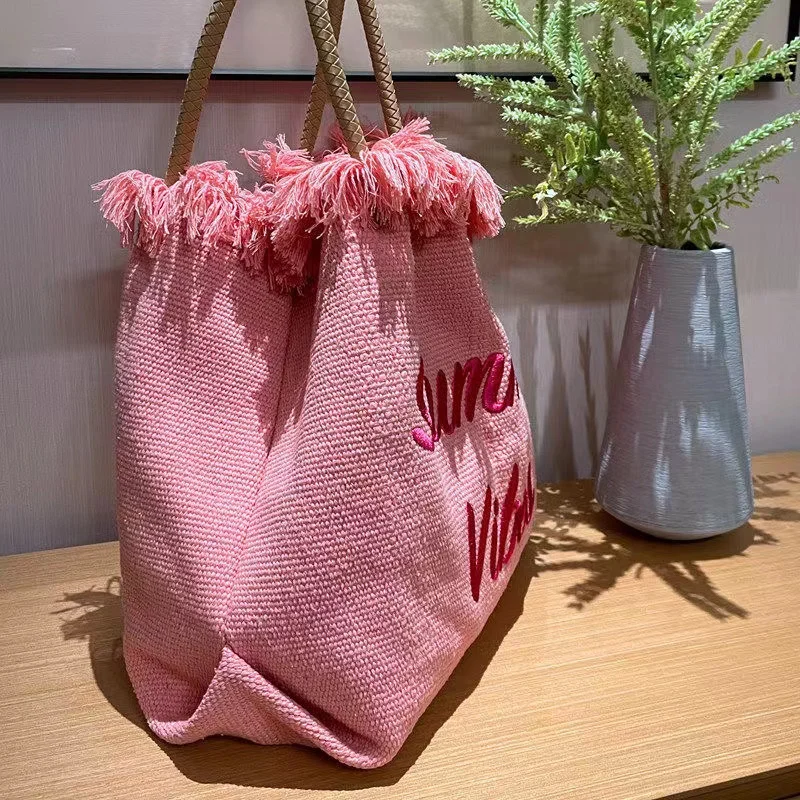 Pink Summer Vibes Canvas Rope Tote Beach Bag Women with Tassel Side