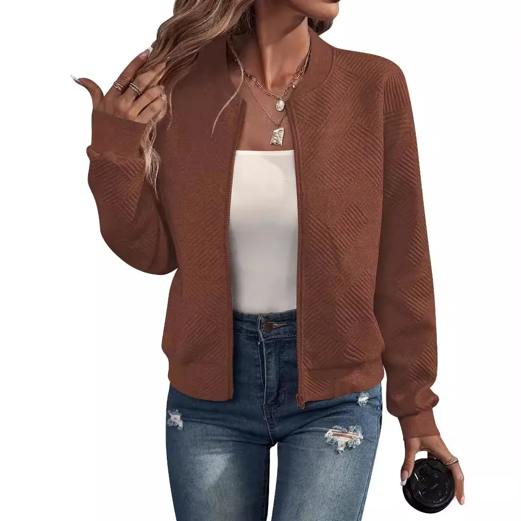 Women's Punk Loose Fit Solid Color Round Neck Long Sleeve Zipper Closure Jacquard Jacket Winter Women's Clothing Female Clothing
