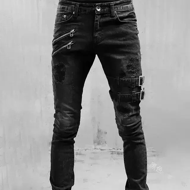 European and American New Style Motorcycle Personality Popular Jeans 2024 Fashion Men's Elastic Solid Color Slim-fit Pants
