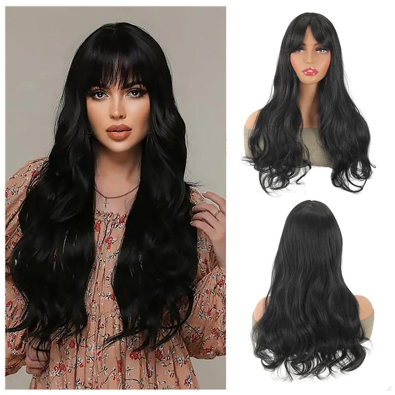 Clip in Synthetic Hair Topper with Bangs for Thinning Hair Long Wavy Hair Extensions Top Wiglet Hairpieces for Women 24 Inch