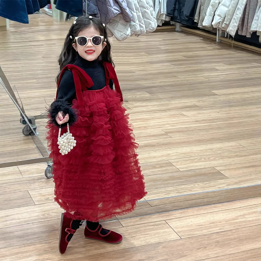 2025 Winter New Style Children Clothes Tulle Temperament Cake Dress Sweet Princess Fashion and Beautiful Dress
