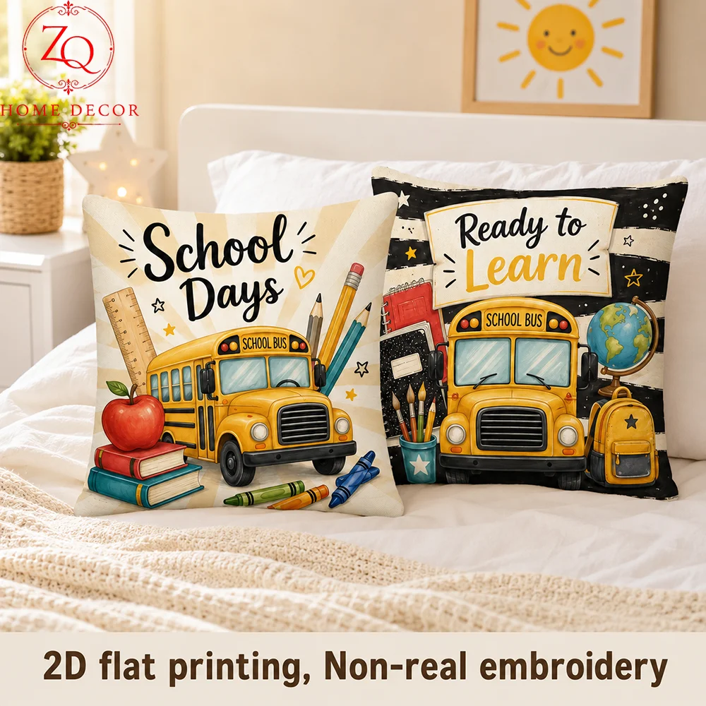 Back To School Pillow Cover Peach Skin 2D Flat Printed Cushion Case School Bus Pillowcase For Kids Room Couch Sofa Bed Home