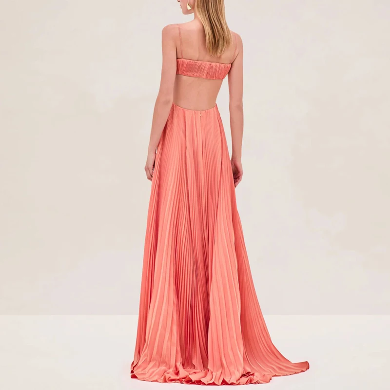 Sexy High Waist Hollow Sling Womens Dress Fashion Boho Pleated A-Line Maxi Dresses Vacation Sleeveless Backless Solid Prom Dress