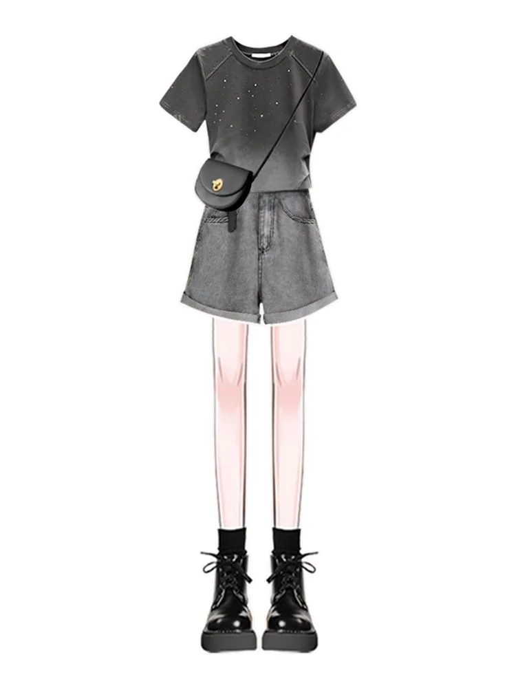 アンチエイジングサマーセットデザイン、アディエン・オルト・スヴェ・ティール（香港風スリムジーンズ付き）ツーピースセット（若い女性向け）