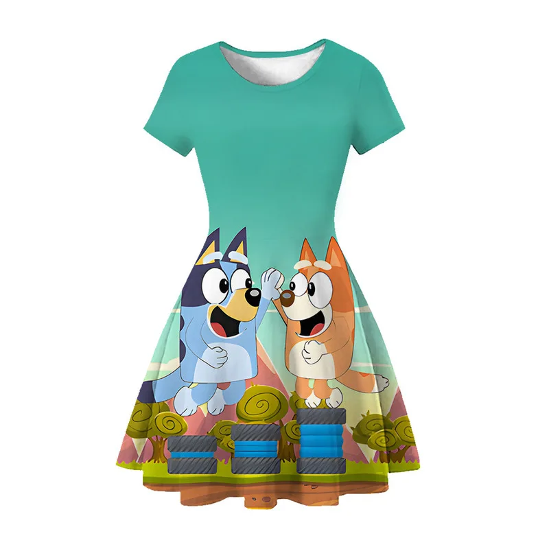 2024 New Bluey Family Summer 3d Soft Printed Girls Cute Cartoon Princess Dress Anime Bingo Girls Short Sleeve Nightgown Gifts