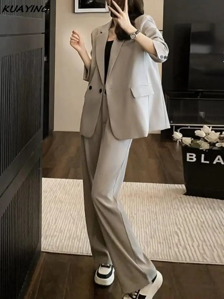 Women Chic Blazer High Waist Straight Pants Suits Vintage Solid Long Sleeve Office Lady 2 Pieces Sets Female Fashion Clothes