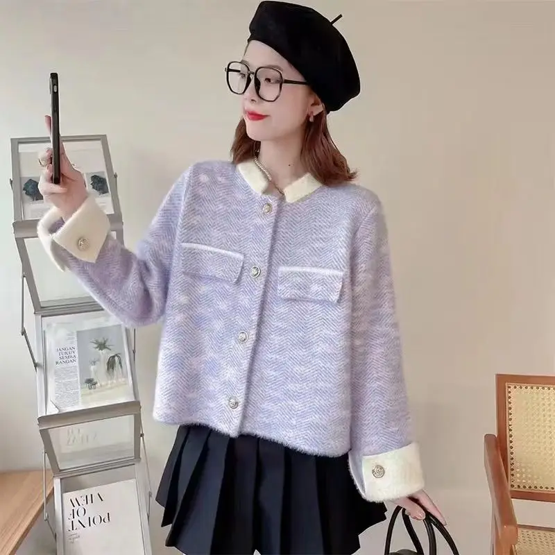 

2025 New Autumn Winter Women Knit Cardigan Faux Mink Fur High Quality Thick Lapel Coat Elegant Sweater Top